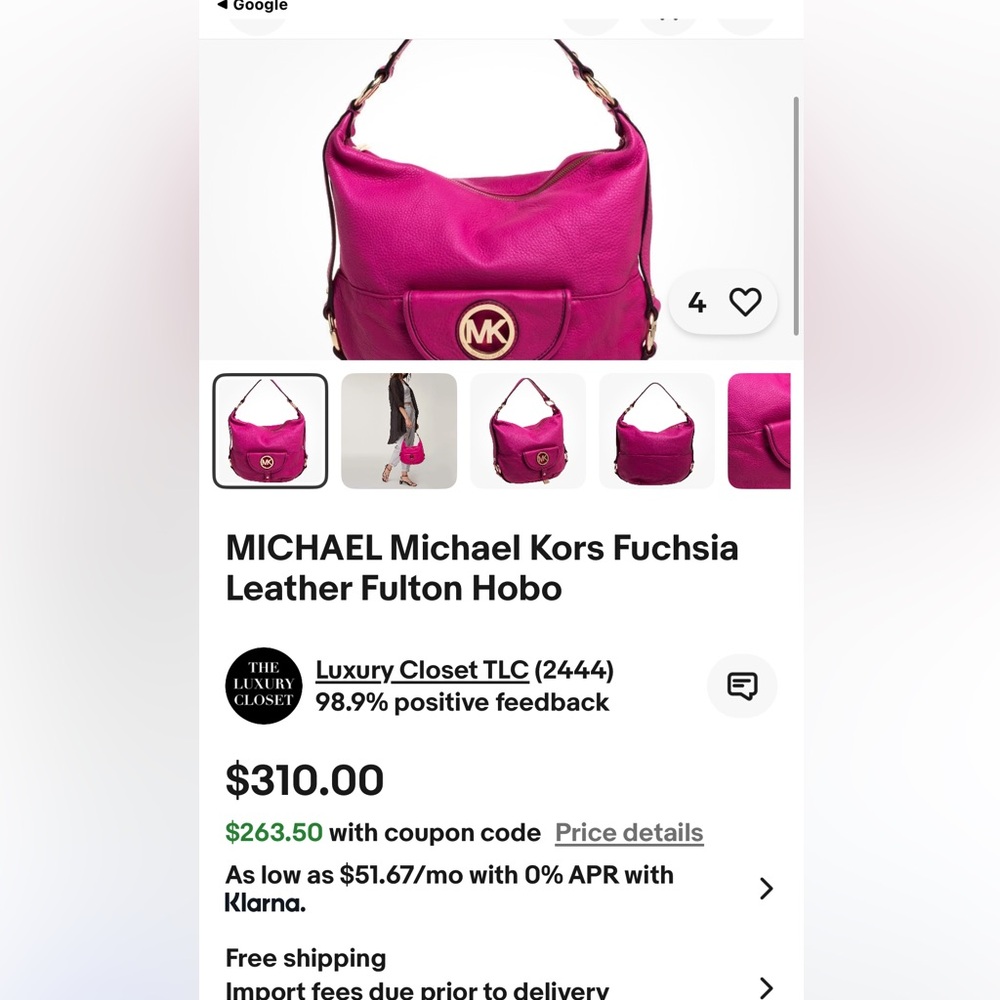 Michael Kors Pink Fulton hobo bag w/ pebbled leather & gold-tone hardware. - Picture 5 of 11